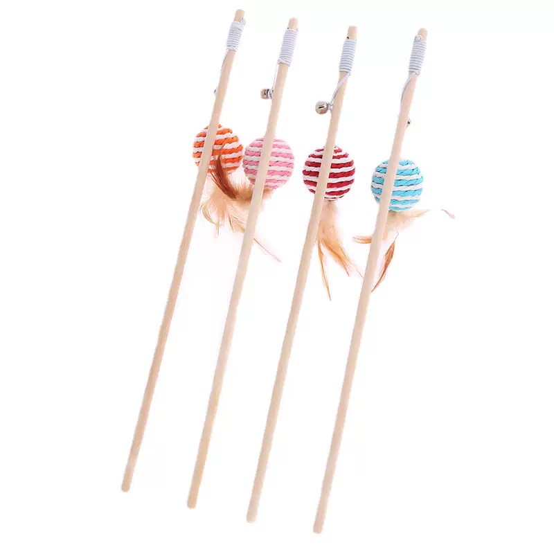 Wooden Cat Teaser Wand with Rope Ball, Feathers & Bell